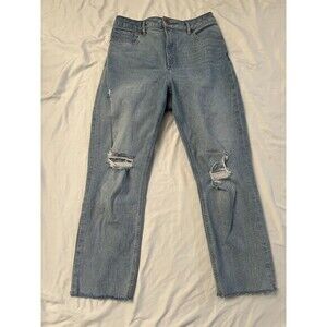 Express Light Wash Curvy Mom‎ Jeans Distressed Raw Hem Ankle Size 8